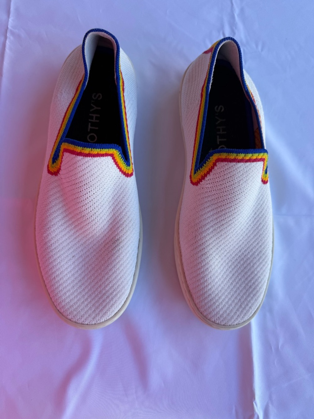 Rothy’s Slip On Sneakers Rainbow Stripe Women’s 9.5 White Knit Pride Shoes
